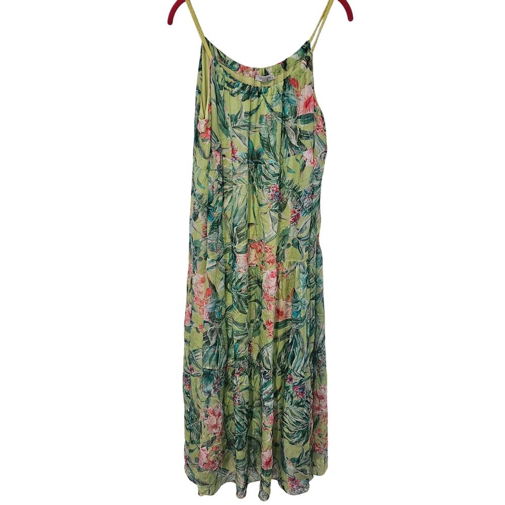 Elena Baldi Sun Dress Women green Floral Silk Blend Rope Straps Italy Lined XL